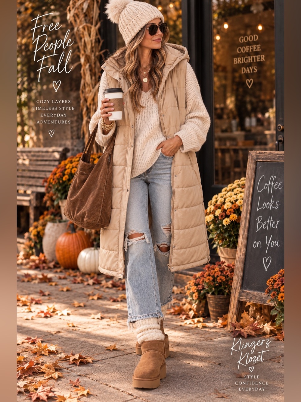 Oversized Long Quilted Hooded Puffer Vest Beige XL Fall Layering
